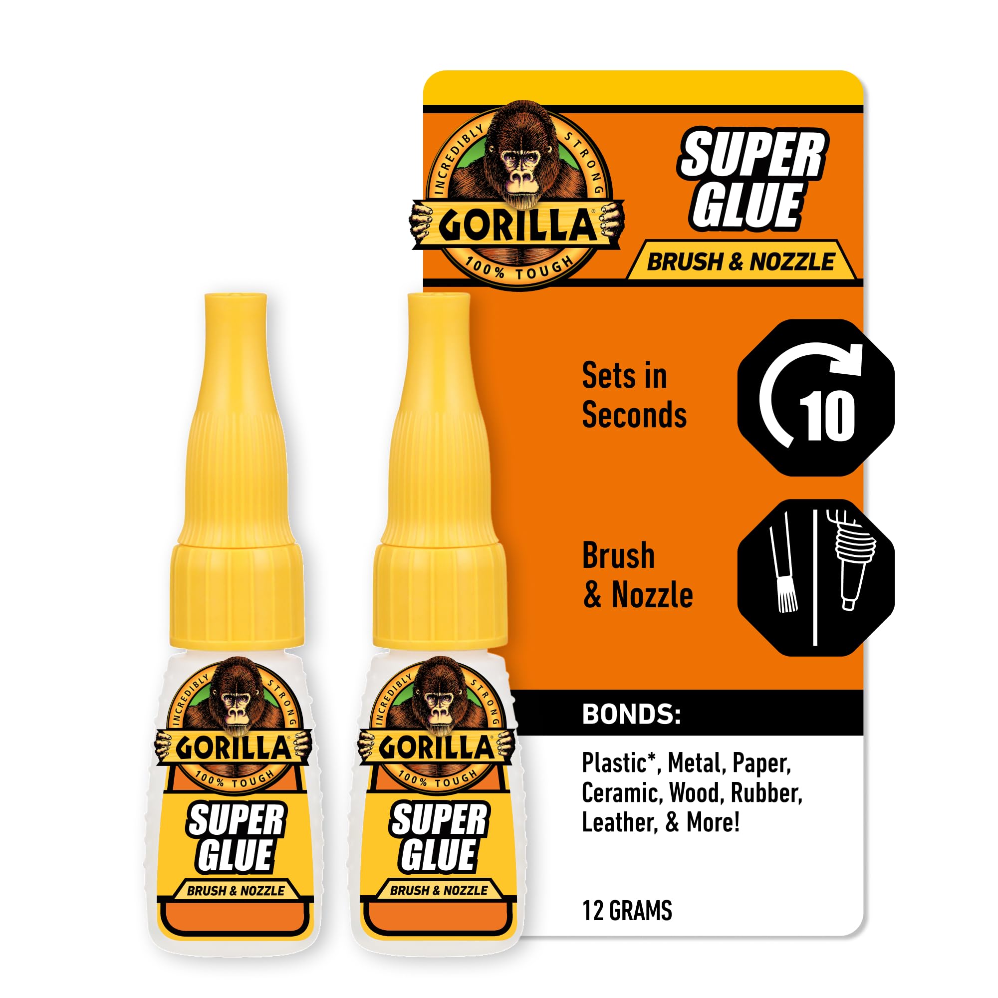 Photo 1 of Gorilla Super Glue with Brush & Nozzle Applicator, Clear Glue, 12 Gram (Pack of 2) - All Purpose and Fast Setting for Projects and Repairs