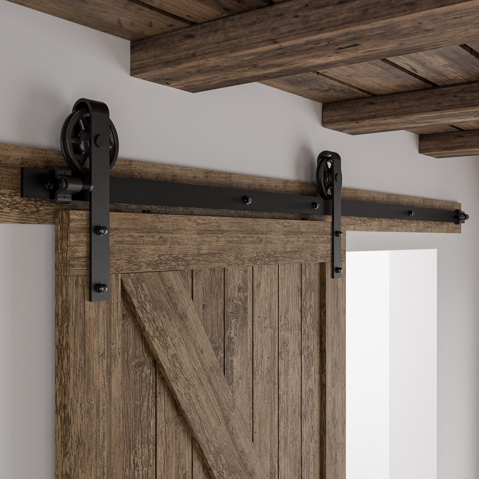 BONIKLUBA 8FT/244CM Sliding Barn Door Hardware Track Kit for Single Door Less 122cm Wide (Spoke Wheel J Hangers)
