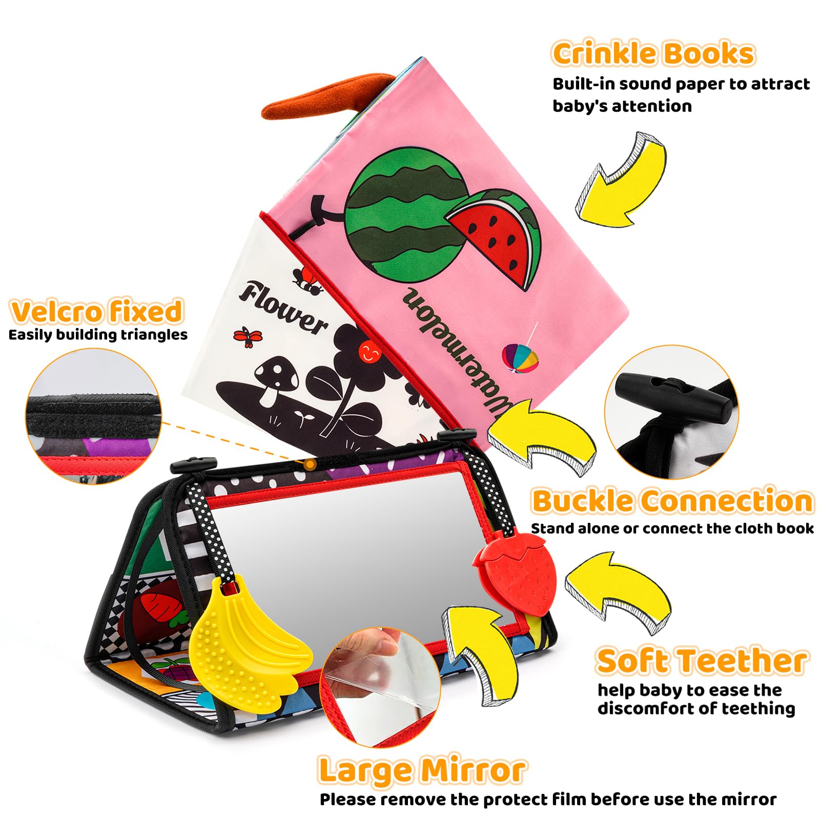 Oukzon Tummy Time Toys, Baby Toys 0-6 Months with Crinkle Book and Teethers, 6-12 Months Infant Mirror Toys High Contrast Baby Gift Toys for Newborn Brain Development, Montessori Sensory Toy