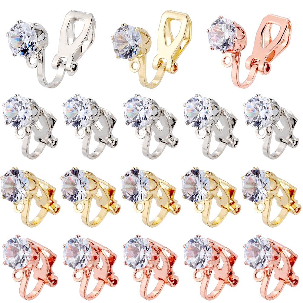 SUNNYCLUE 1 Box 30Pcs 3 Colors Cubic Zirconia Clip on Earrings Non Pierced Earring Clips Brass Gold Plated Clear Rhinestone Earring Clips with Loop Findings for jewellery Making Handmade DIY Craft