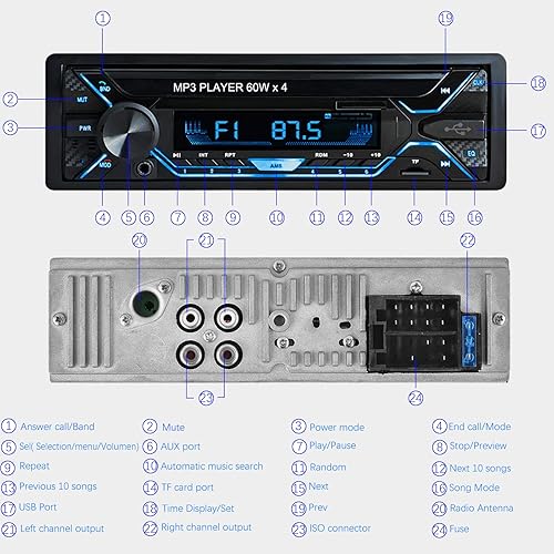 Aigoss 240W Single Din Car Stereo with Bluetooth, AM/FM Car Audio