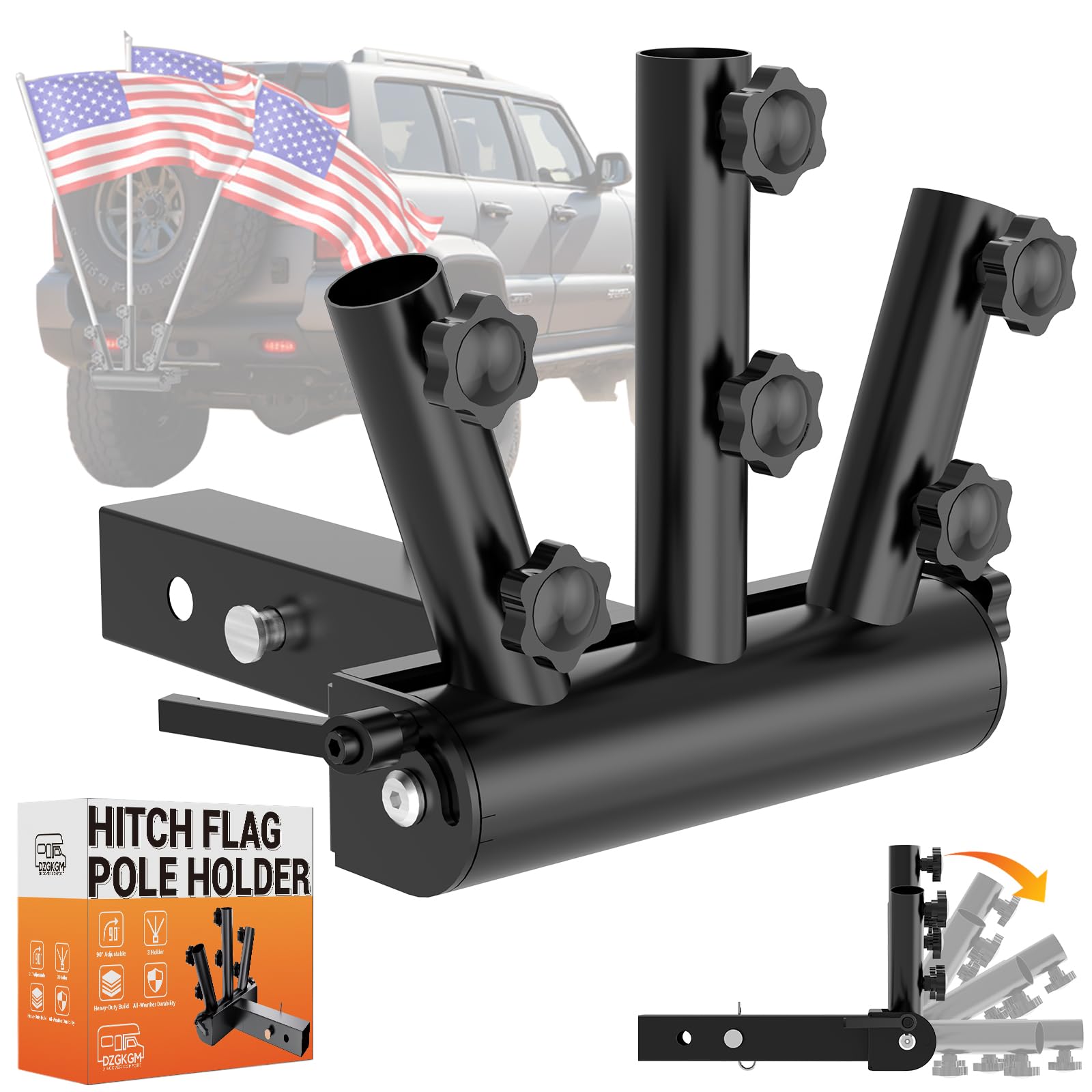 Photo 1 of DZGKGM Hitch Flag Pole Holder, 90°Adjustable & Quick Detach, 3 Triple Truck Flag Pole Mount for Jeep, Truck, Trailer, RV, Camper- Fit Standard 2" Hitch Receiver, Heavy Duty, Powder-Coated Finish