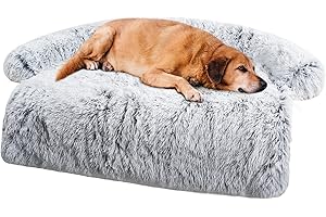 Lasaas Calming Dog Bed Fluffy Plush Dog Sofa Mat Removable Washable Cover Furniture Sofa Cushion with Soft Neck Bolster for Large Medium Small Dogs and Cats Light Grey L