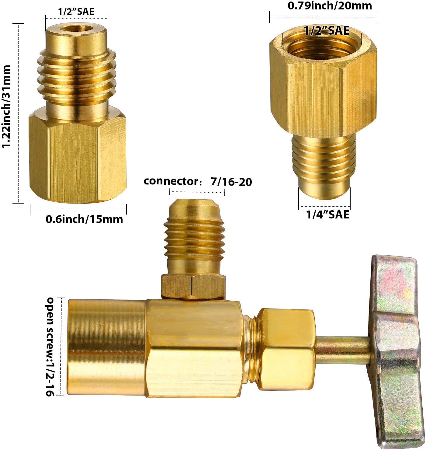 3 Pieces R134A Refrigerant Opening Valve 8401 Top Style Metal Can Tap 6015 Refrigerant Tank Vacuum Pump Adapter to R12 1/2 Female to 1/4 Male Flare 6014 Pump Adapter 1/4 Flare Female to 1/2 Male: Automotive