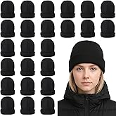 25 Pcs Warm Knit Hats, Black Color Beanie, Winter Autumn Polyester Headwear, Comfortable Winter Beanie Cuffed Caps for Men Women, Indoor Outdoor Activities
