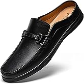 XHOGNLS Men’s Leather Slip-On Flat Clog Mules Fashion Comfort Round Toe Metal Buckle Decoration Sling Back Loafers for Business Formal Casual