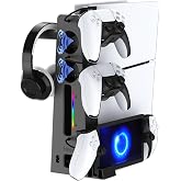 PS5 Slim Charging Station with Cooling Fan and Dual Controller Charger, RGB PS5 Slim Stand with Headset Holder &amp; PS Portal Dock, Compatible with PS5 Slim Disc/Digital Console Gaming Accessories