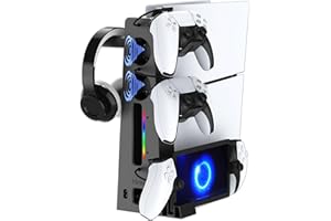 ALIMENTATA PS5 Slim Cooling Station Dual Controller Charging Stand PS5 Slim Accessories Incl with RGB Light, Headset Holder, Silent Cooler Fan, 3 USB Hub for PlayStation 5 Console Gaming Gift for Men Boyfriend