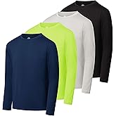 Real Essentials 4 Pack: Boys Youth Dry-Fit Moisture Wicking Active Athletic Performance Long-Sleeve T-Shirt
