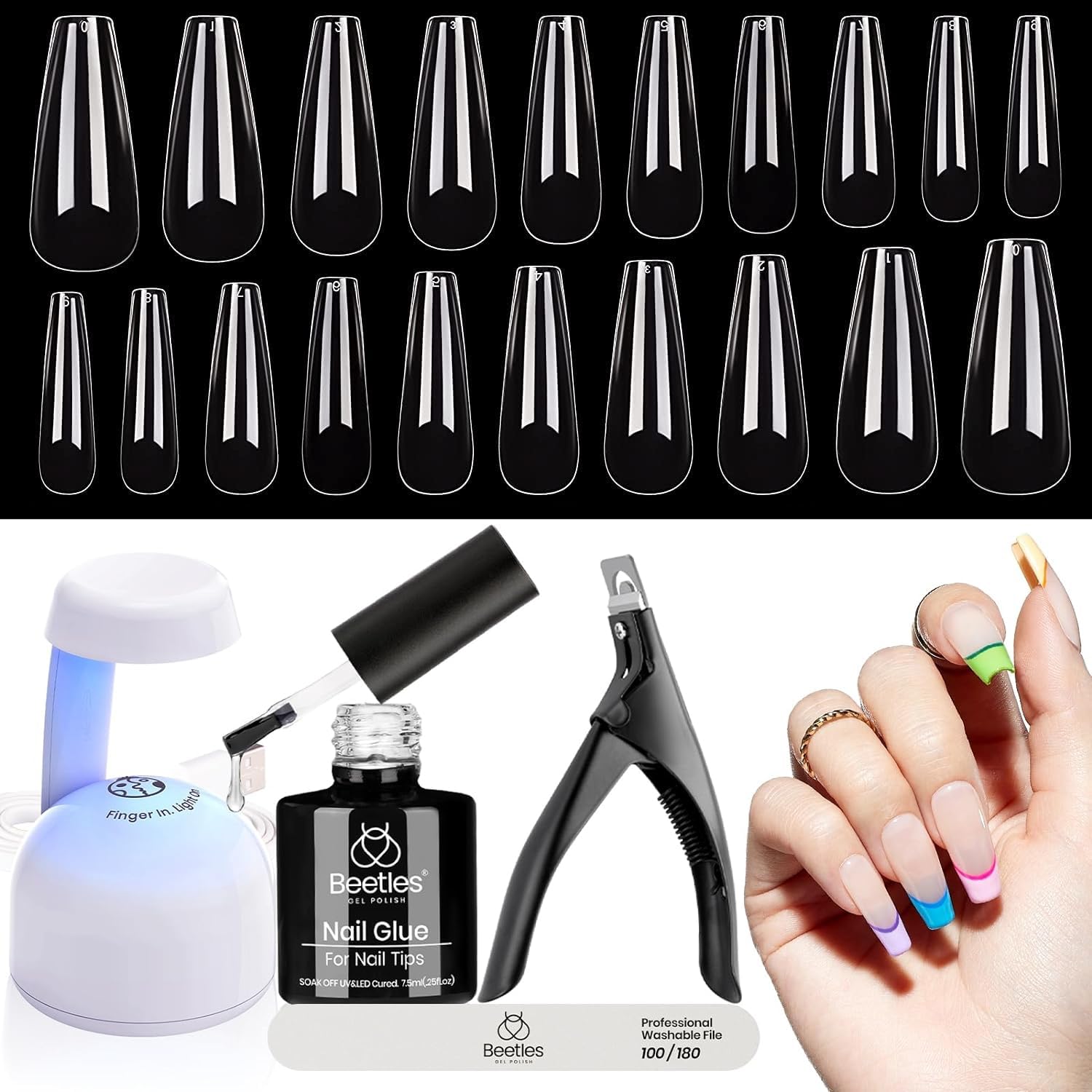 Beetles Gel Nail Kit Easy Nail Extension Set 240 PCS Pre-Shaped Long Coffin Soft Gel Nail Tips with 5-in-1 Nail Glue Base Coat & LED Nail Lamp Acrylic Nails for Nail Art & DIY Home Manicure