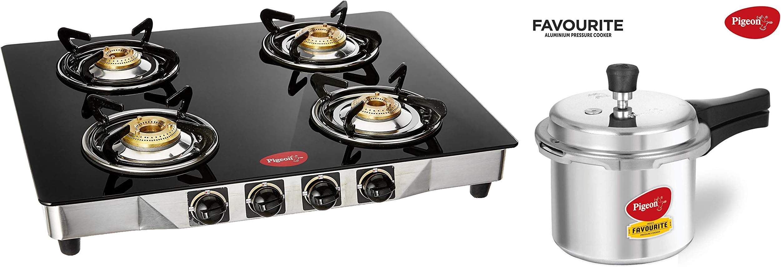 Pigeon by Stovekraft Blackline Smart Stainless Steel 4 Burner Gas Stove, Black & Favourite Outer Lid Non Induction Aluminium Pressure Cooker, 3 litres, Silver Combo