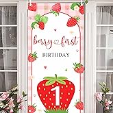 MEHOFOND Berry First Birthday Banner Decoration, Strawberry 1st Birthday Door Cover, Berry Theme Birthday Party Photography Background Cake Smash Photo Booth Props
