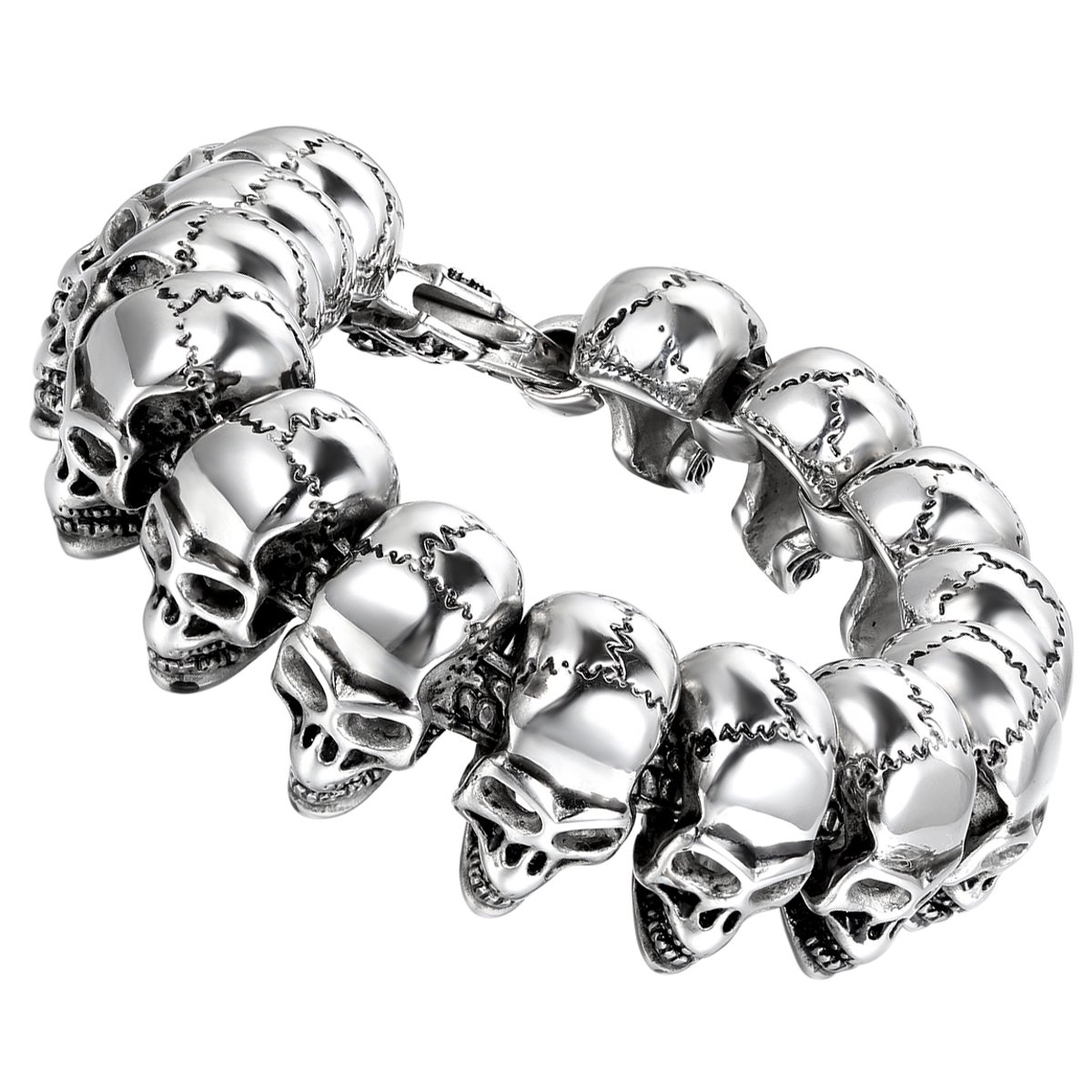 Cupimatch Men's Large Gothic Skull Bike Stainless Silver Black Steel Link Wrist Bracelet 8.5 Inch