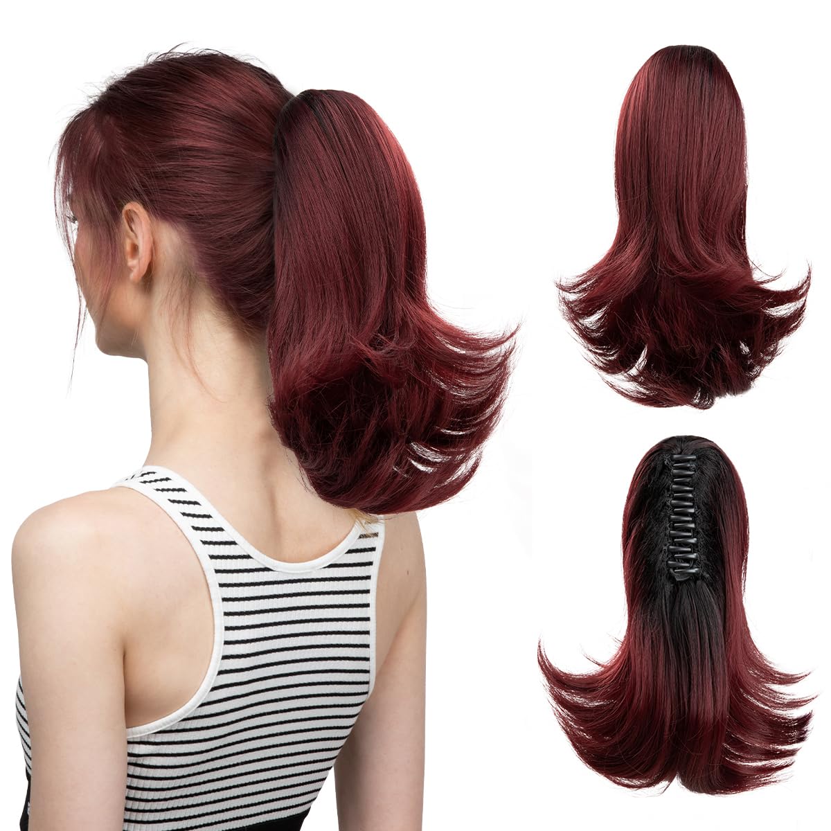 CJL HAIR Short Claw Clip Ponytail Hair Extension Drawstring Synthetic Fake Hairpiece for Women 12" Straight Ponytail with End Curls Wine Red with Black Root