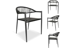 Erotr 4 Pcs Stackable Patio Dining Chairs, Aluminum Rattan Outdoor Dining Chair with Arms, Woven Rope Garden Armchair Metal No Assembly for Bistro Balcony Porch Deck Yard Cafe Restaurant, Black
