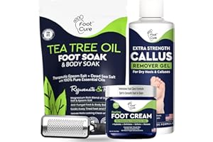 FOOT CURE Exfoliator & Callus Remover Pedicure Set – Care Kit Includes File for Dead Skin, Tea Tree Oil Soak Salts, Urea Cream 40 Percent Removal Gel Made in USA, Ivory, 4 Piece