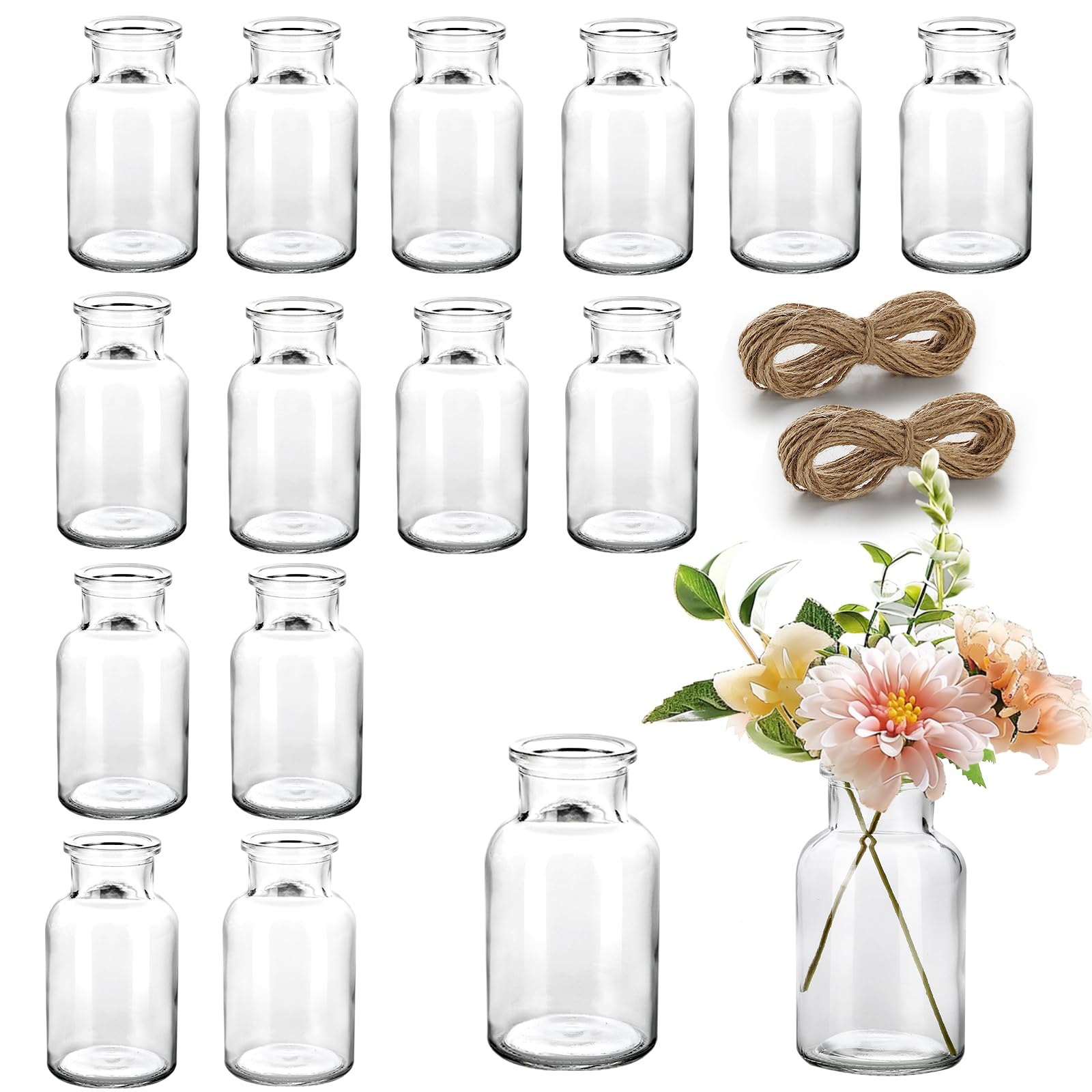 Renijion Mini Vase Set - 15pcs Small Glass Bud Vases for Flowers, Vintage Style for Decorative Table, Wedding Party, Home