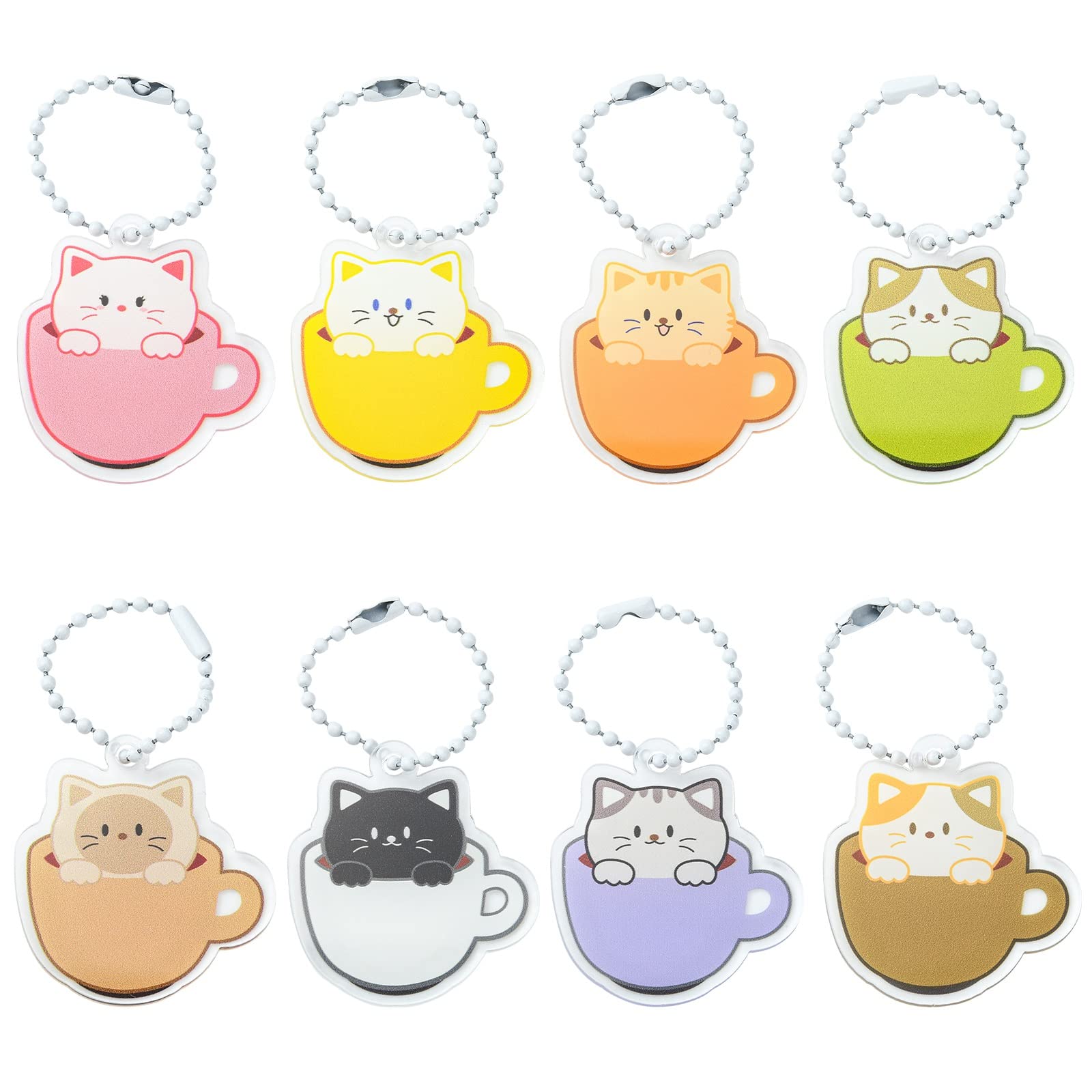 Ipotkitt 8 Sets 8 Colors Cute Coffee Cup Cat Charms Animal Keychain Colorful Acrylic Cat Cup Charms Bulk with Ball Chain for Jewelry Making DIY Crafts