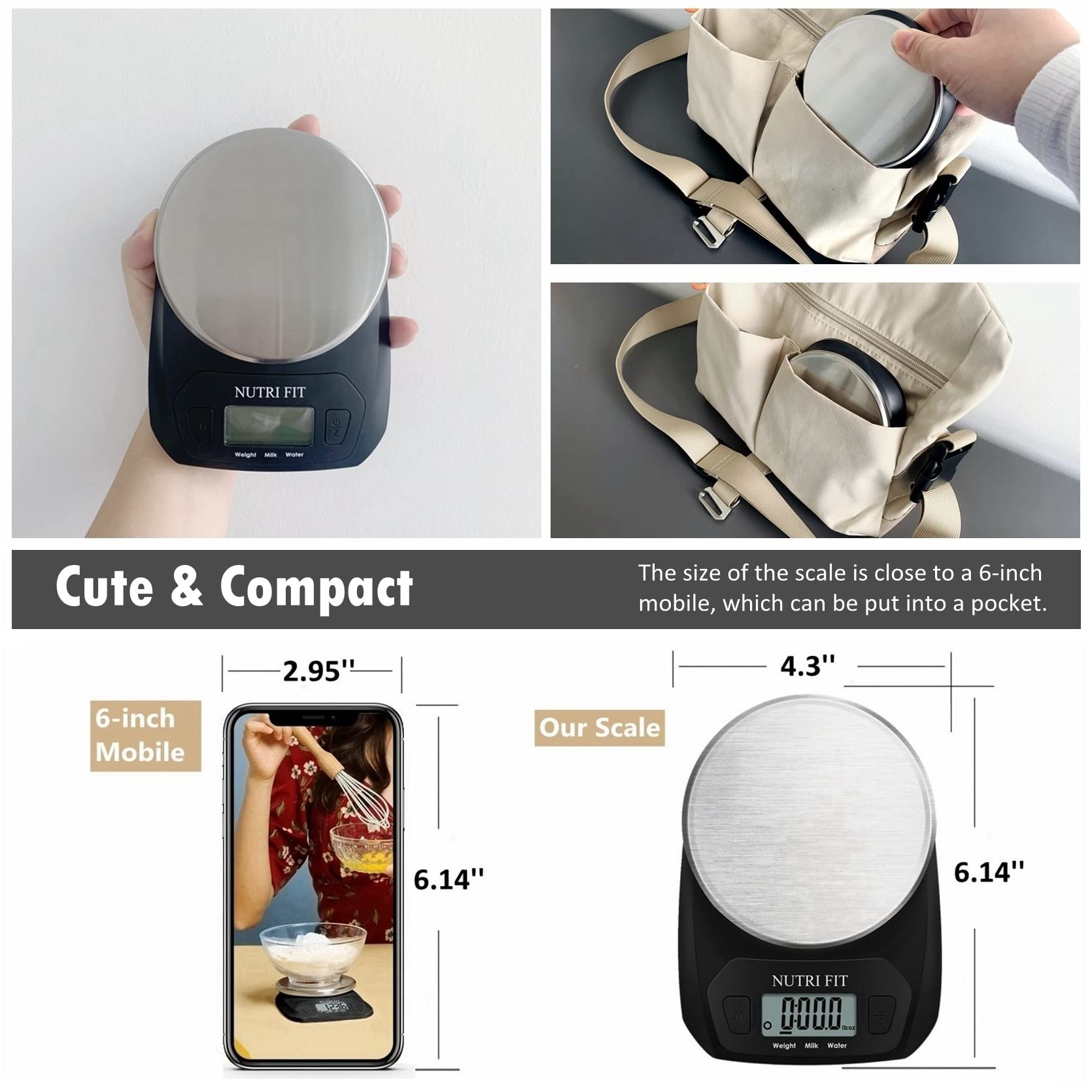 NUTRI FIT Digital Food Scale Small Kitchen Scales Weight in Grams and OZ for Cooking Baking Weight Loss, Stainless Steel Tare & Backlit LCD Display, Black