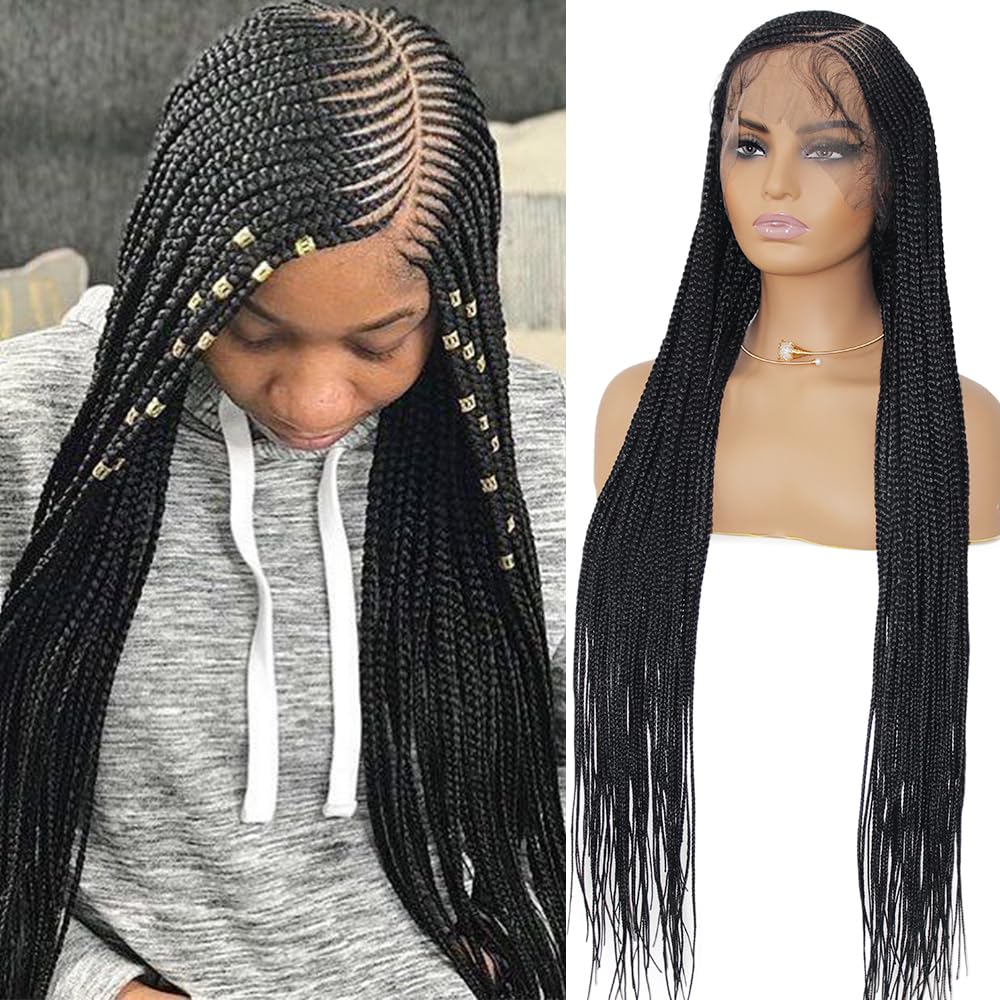 Photo 1 of 36" Braided Wigs for Black Women Full Lace Front Box Braids Wig with Baby Hair Knotless Cornrow Box Braids Wig Natural Deep Side Part Goddess Synthetic Braided Wig for Daily Use