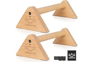 Airogym Wooden Parallettes Push Up Bars, Beech Wood Calisthenics Equipment for Home Gym Use, Perfect Pushup Bar Stable Handstand Push Up Handles for Floors, Includes Wrapping Belt and Carrying Bag