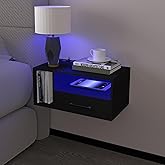 Homaterial Floating Nightstand with Charging Station &amp; Lights, Black | Floating Bedside Table with Drawers Wall Mounted Nightstands,for Bedroom Room, 21.3" x 11.8" x 10"
