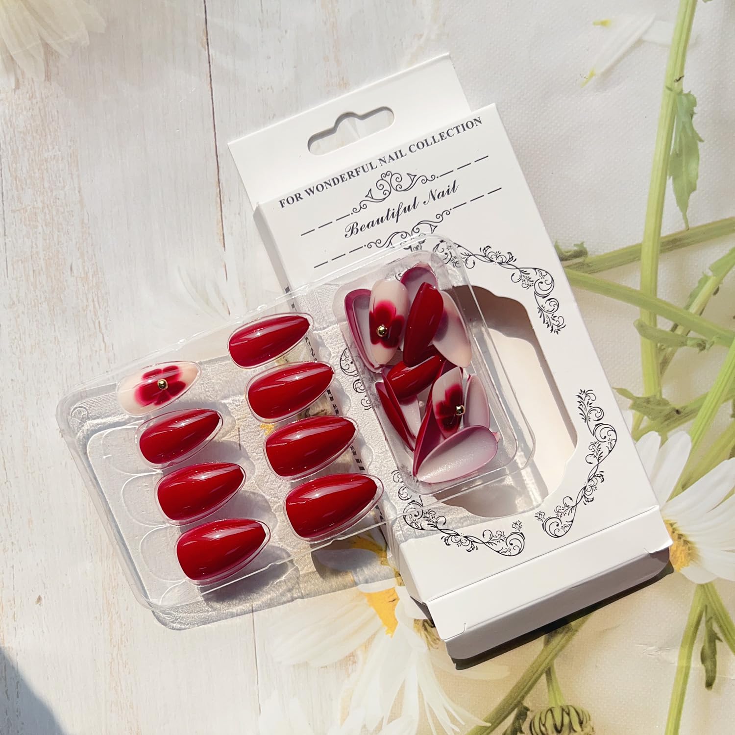 Flower Press on Nails Almond Red Fake Nails - LPOODDNU Cute Flowers Glue on Nails Spring Wine Red Acrylic False Nails Full Cover Stick on Nails Medium Artificial Nails for Women Manicure, 24Pcs - Image 6
