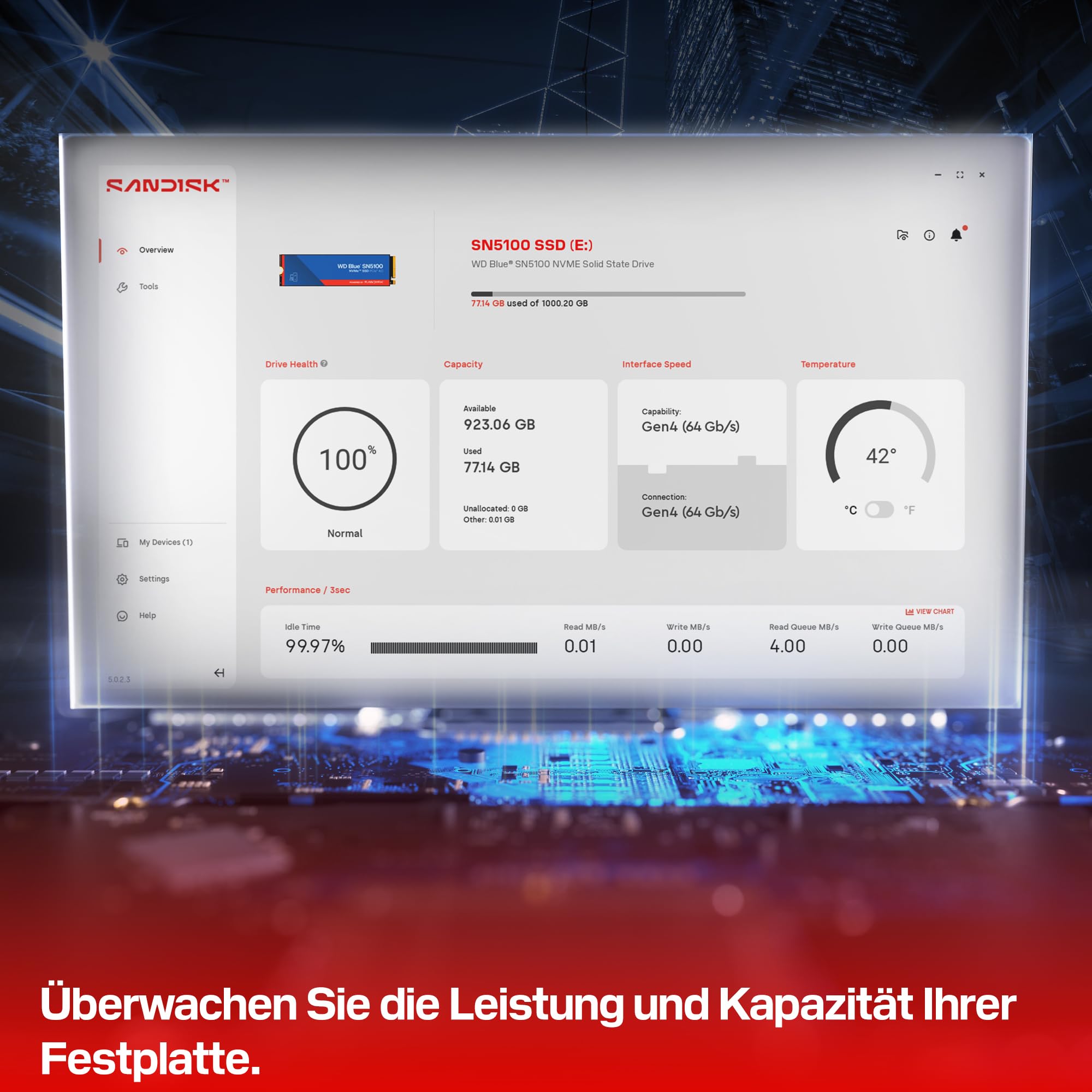 WD Blue SN5100 NVMe SSD 1 TB (7.100 MB/s Lesegeschwindigkeit, M.2 2280, PCIe Gen 4.0, nCache 4.0, SanDisk 3D CBA NAND-Technologie, Acronis True Image) 5