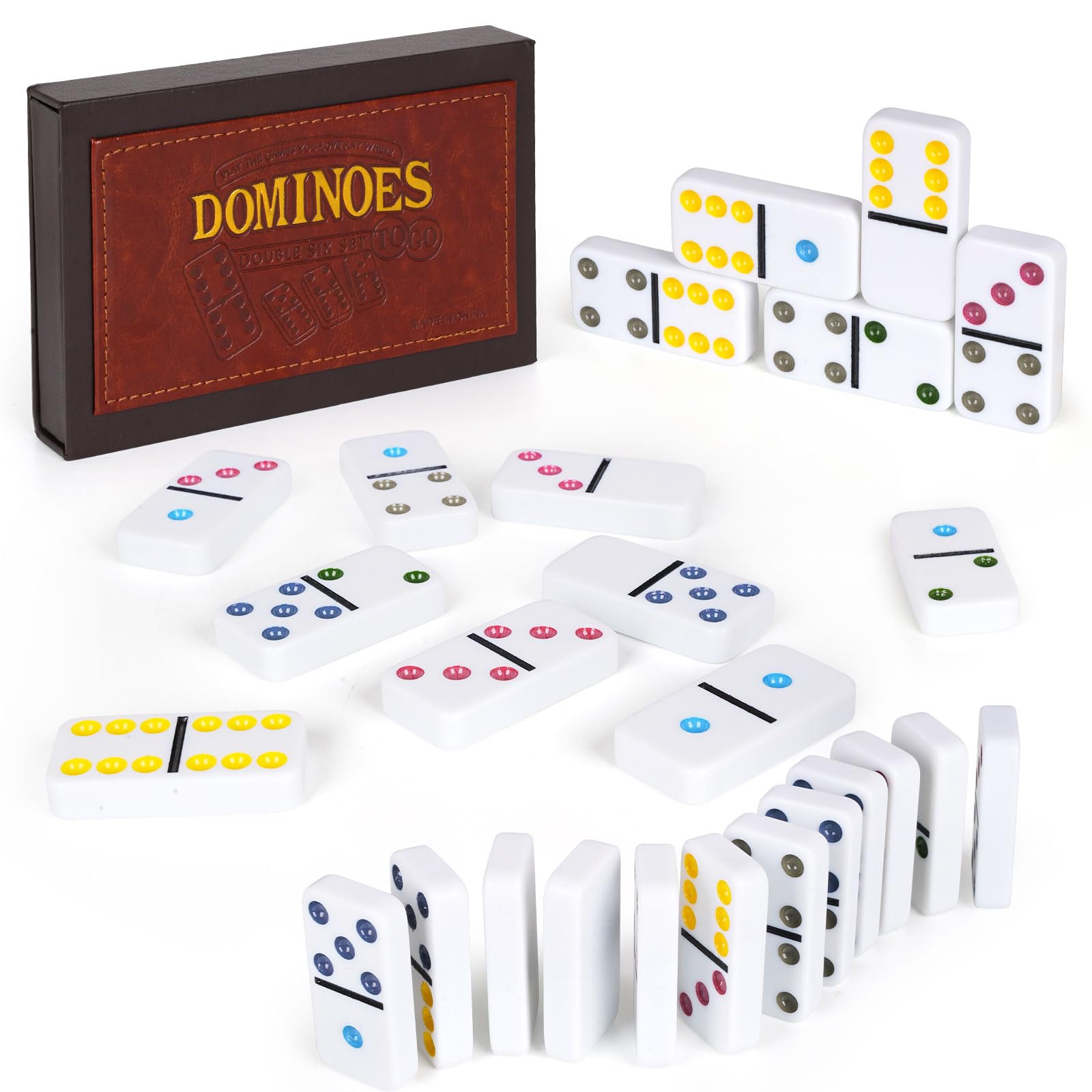 Photo 1 of Dominos Set for Adults - Classic Game With Leather Case, Double Six, 28 Tiles, Travel Set, Party Board Game for Family Game Night, 2-4 Players Gift