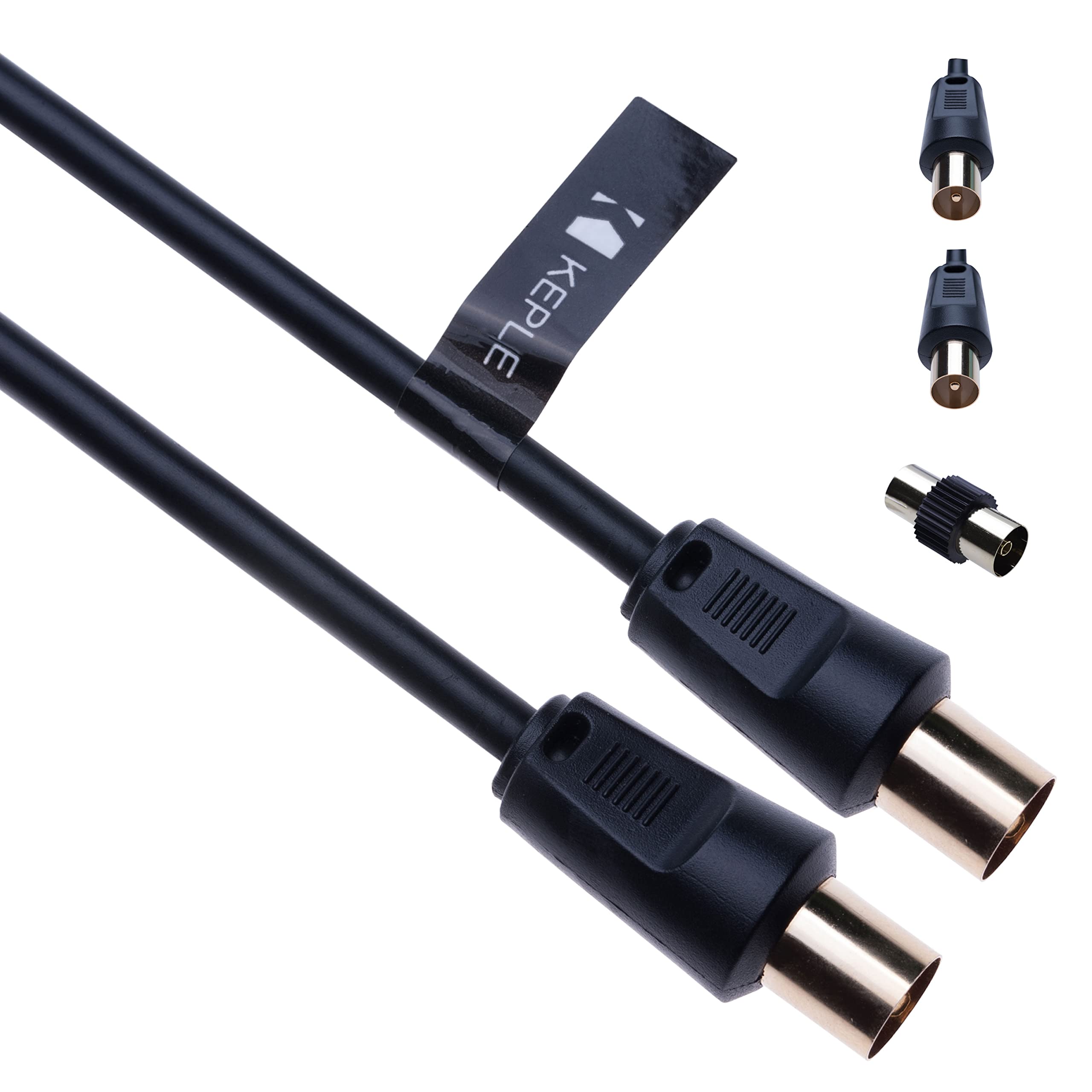 Keple TV Aerial Cable 5m, Coaxial Extension Lead with Male Connector and Female Adapter for TV Box, Coax Ariel Antenna, Satellite, Freeview, Freesat, DVB-T, IEC, PAL, RF In (Black)