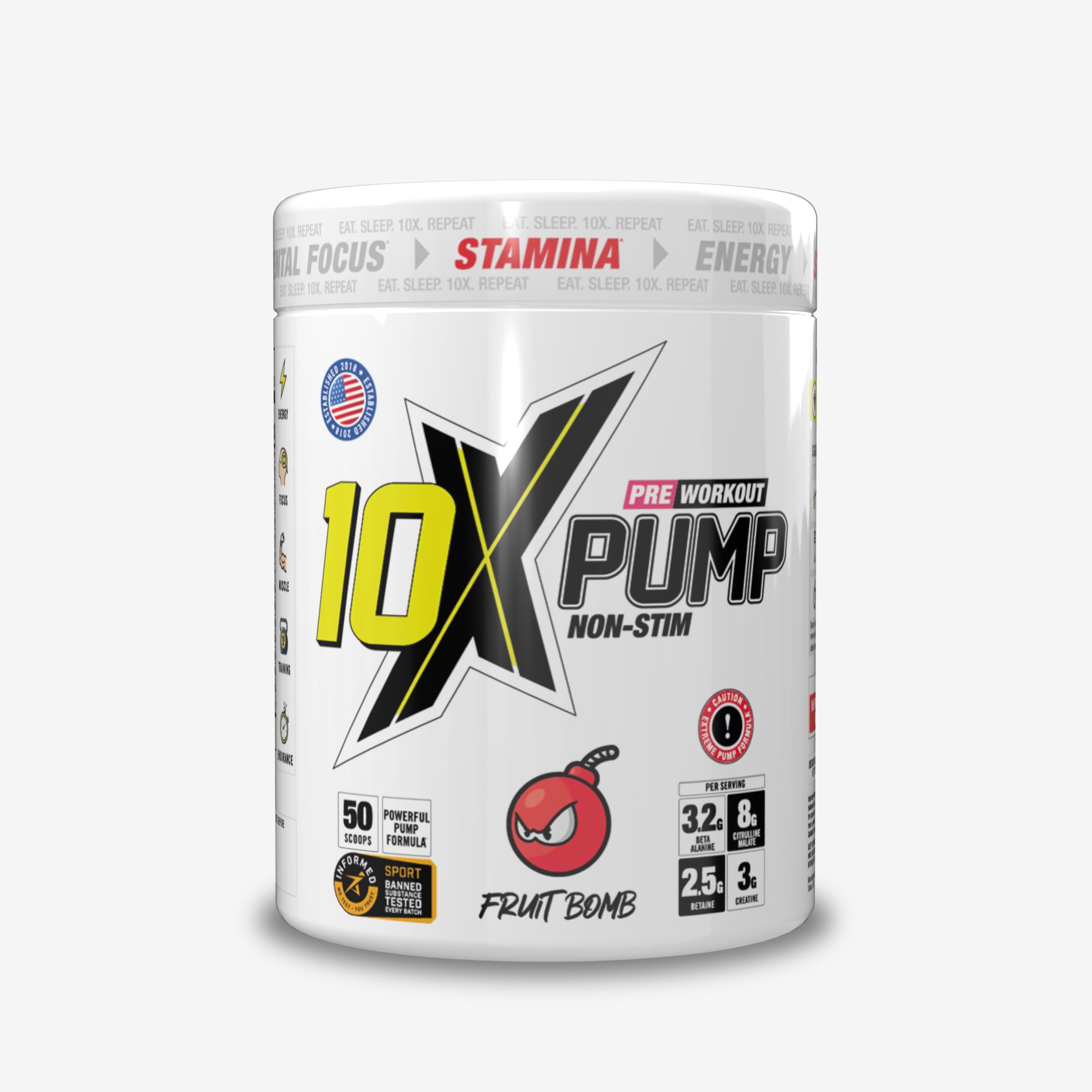 10X Athletic Non Stim Pre Workout No Caffeine Beta Alanine Creatine Sugar Free Vegan Low Calorie Various Flavours 600g 25/50 Servings (Fruit Bomb)