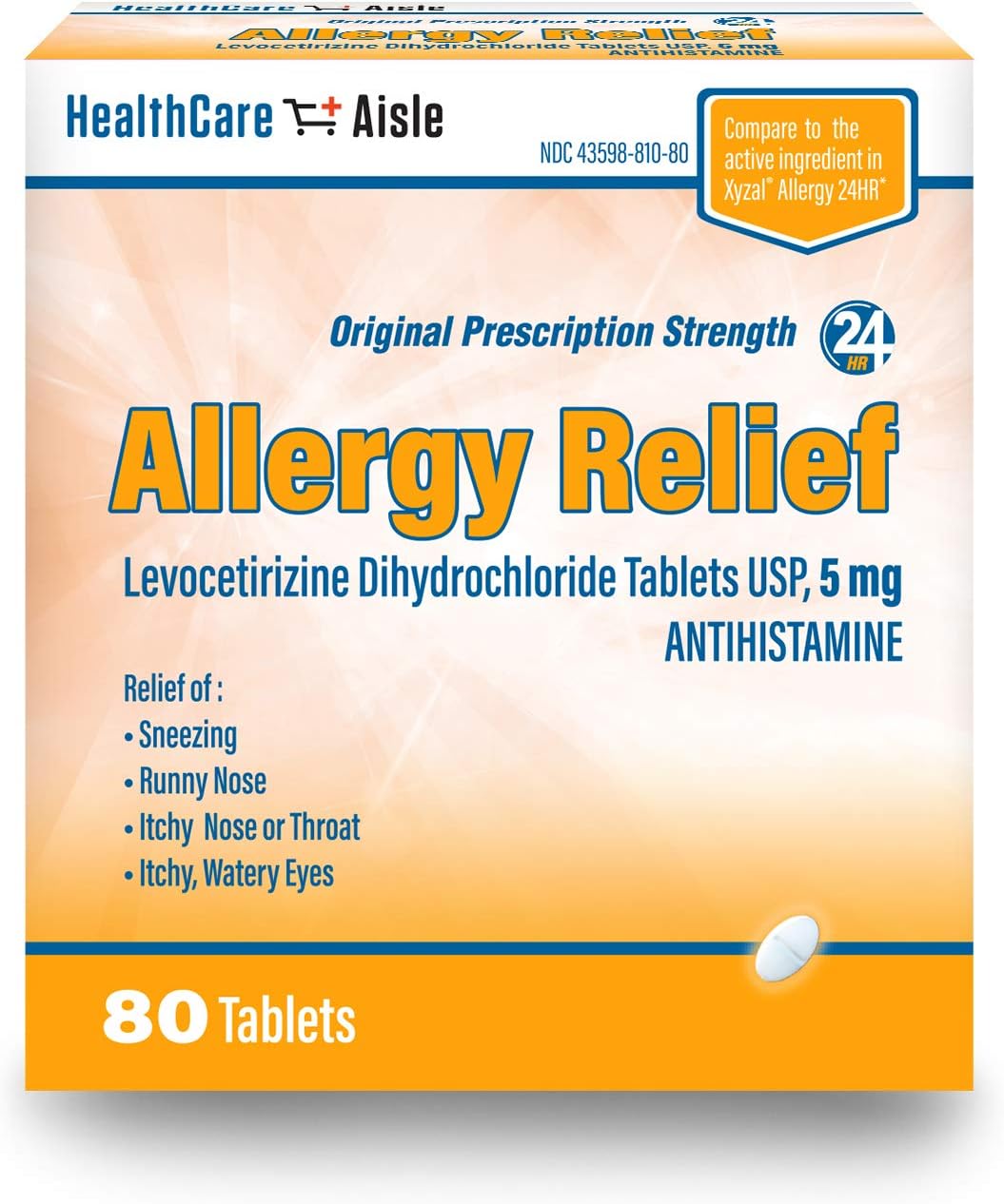 HealthCareAisle Allergy Relief Levocetirizine Dihydrochloride Tablets, USP | 24 Hour Allergy Relief | 5 mg | 80 Count: Health & Personal Care