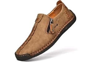 Men's Loafers Shoes with Side Zipper, Handmade Non Slip Rubber Sole Walking Shoes Flexible Moccasins for Driving