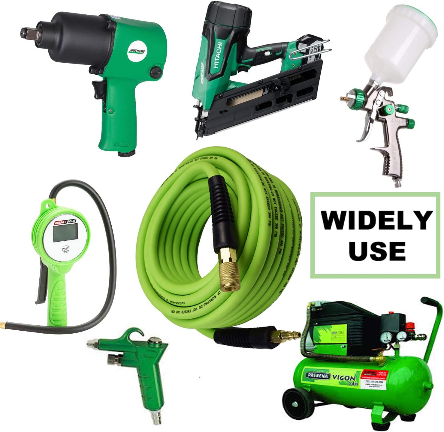 YOTOO Hybrid Air Hose 3/8-Inch by 50-Feet 300 PSI with 1/4-Inch Industrial Solid Brass Quick Coupler Fittings and Bend Restrictors for Heavy Duty, Lightweight, Flexible at All Weather Use, Green - - 