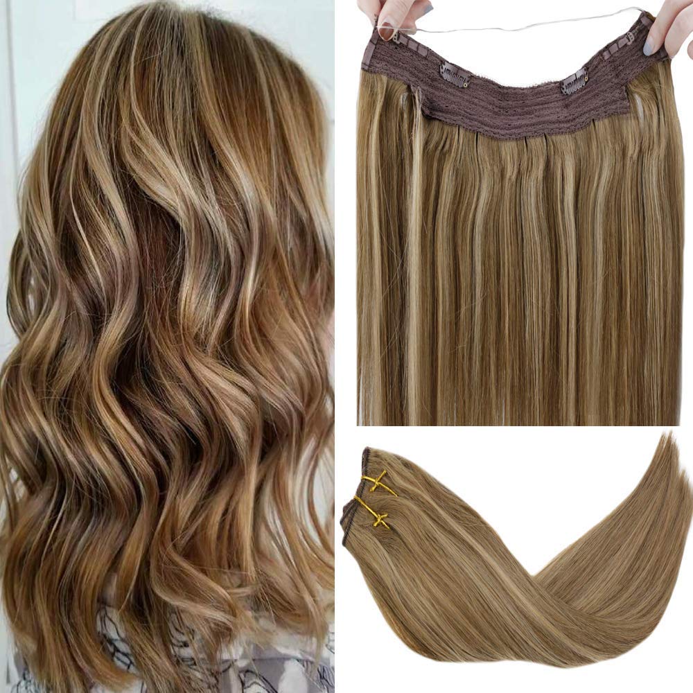 LaaVoo 16" Flip on Human Hair Extensions Balayage Ombre Light Brown to Golden Blonde and Brown Invisible Wire Natural Straight Halo Hair Extensions 80g 11" Width…