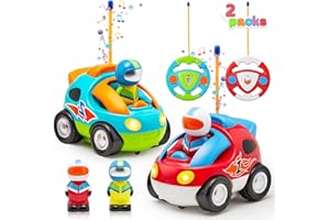 JOYIN 2 Pack Cartoon Remote Control Car, RC Cars with Music & Sound, Treasure Box and Prize for Classroom, Toy for Baby, Toddler, Easter Basket Stuffers and Christmas Birthday Gift for Kids
