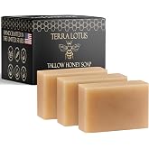 Terra Lotus - Organic Tallow Soap with Organic Castor Oil &amp; Raw Honey - Hydrating &amp; Nourishing - 3 Pack (Unscented)