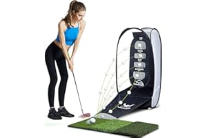 wosofe Golf Practice Hitting Net Indoor Backyard Home Chipping 2 Target Ball Swing Training Aids Golfing Accuracy with Tri-Turf Mat and Carry Bag Great Gifts for Dad Mom Husband Women Kid Golfers