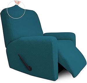 Easy-Going Stretch Jacquard Recliner Couch Cover, 4-Piece Soft Sofa Cover, Sofa Slipcover with Elastic Loop, Washable Furniture Protector for Kids, Pets, Dogs, Cats ( Recliner, PeacockBlue)