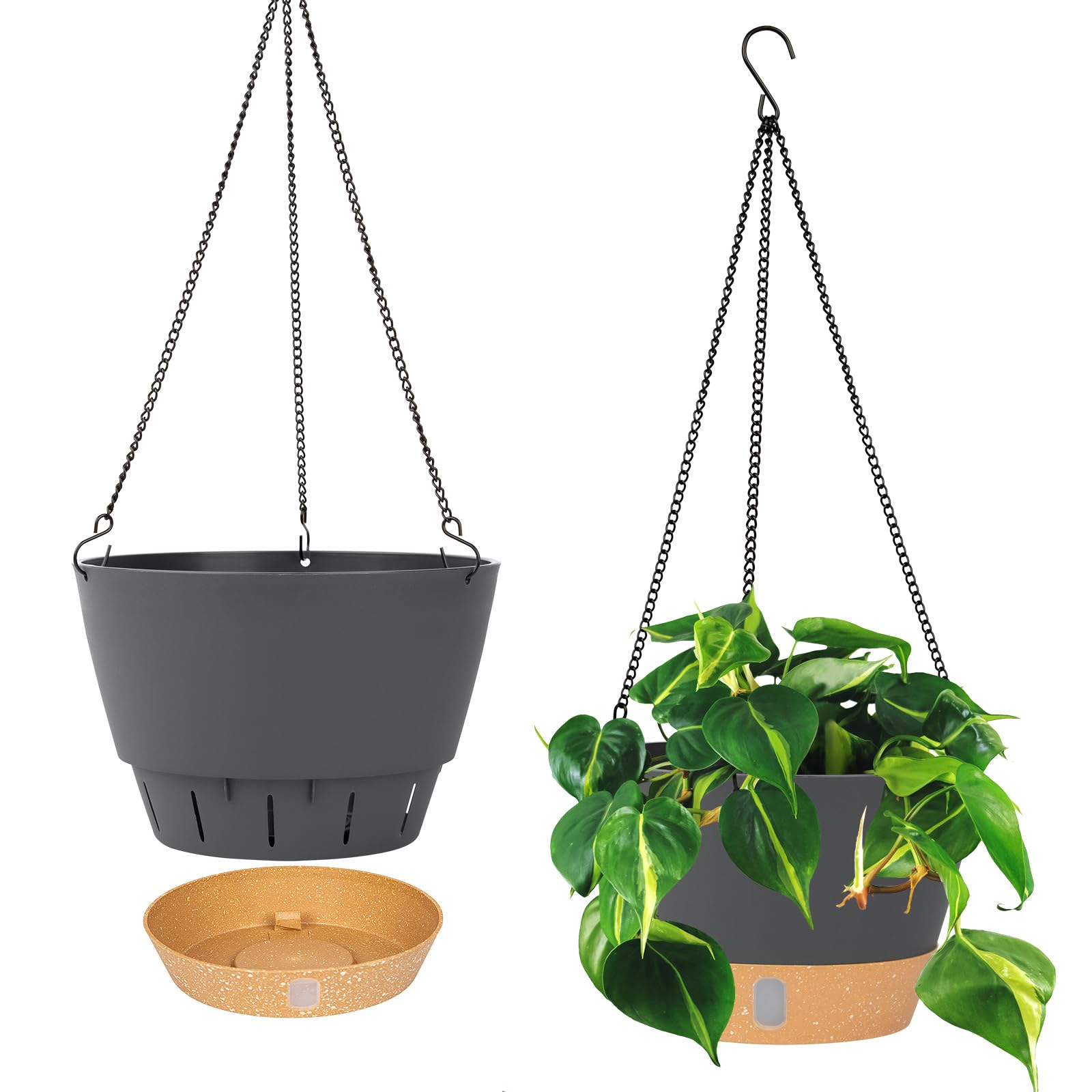 QCQHDU 2 Pack Hanging Planters Set, 25.4cm Indoor Outdoor Hanging Plant Pot Basket,Hanging Flower Pot with Drainage Hole with 3 Hooks for Garden Home(Grey)