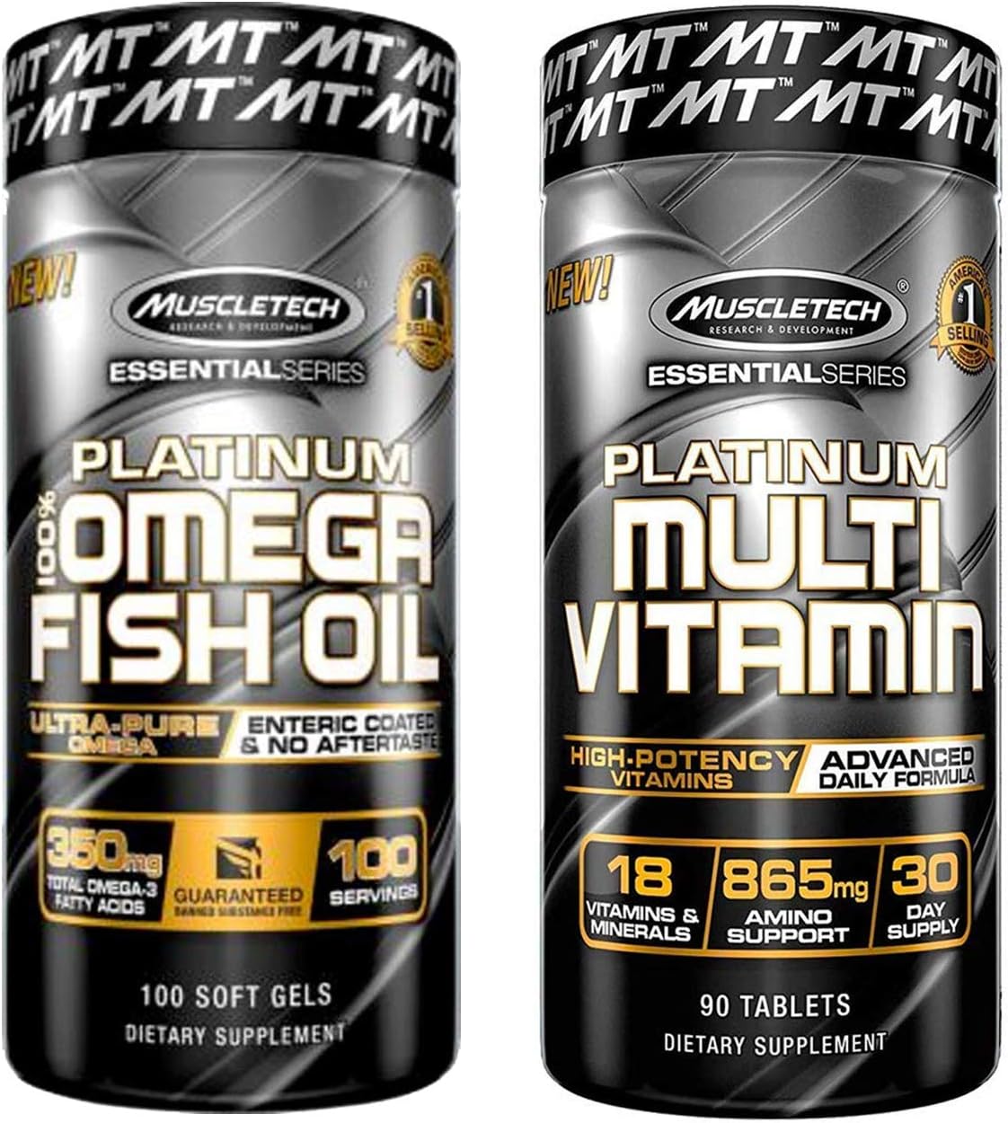 Muscletech Essential Series Platinum Multi Vitamin (18 Vitamins & Minerals, 865mg Amino Support) - 90 tabs and MuscleTech Essential Series Platinum Fish Oil - 100 Capsules