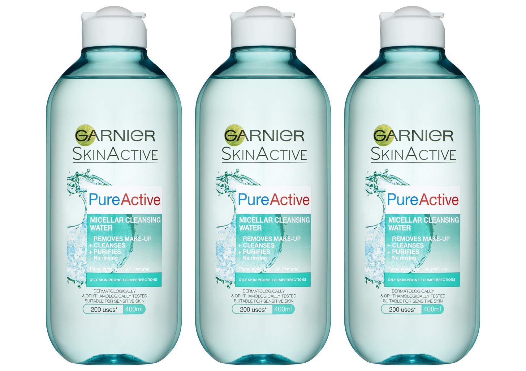 Garnier Pure Active Micellar Facial Cleansing Water for Combination, Oily and Sensitive Skin, Purifying Face and Eye Make-up Remover and Cleanser, 400 ml Pack of 3