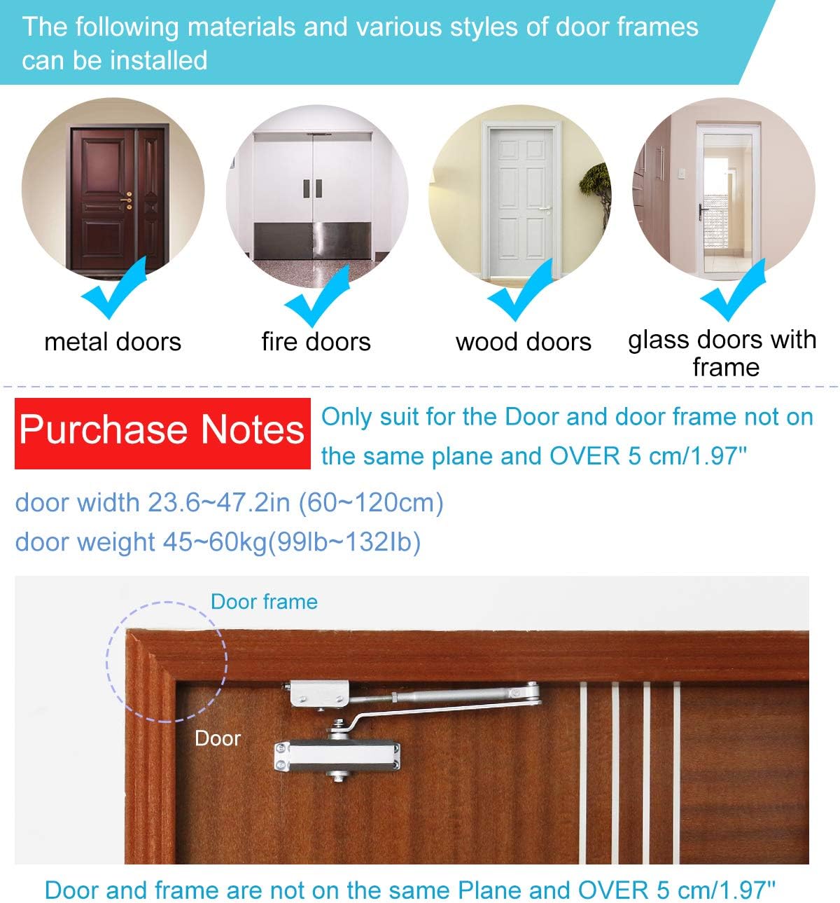 Onarway Automatic Door Closer Hold Open Size 3 Parallel Installation Spring Hydraulic Door Closure Aluminum Alloy Body, for Residential and Commercial Use, for 45~60 kg Door - Image 3