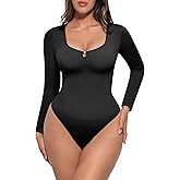 FeelinGirl Long Sleeve Shapewear Bodysuit for Women - Tummy Control Body Suits Seamless Thong Round Neck Body Shaper