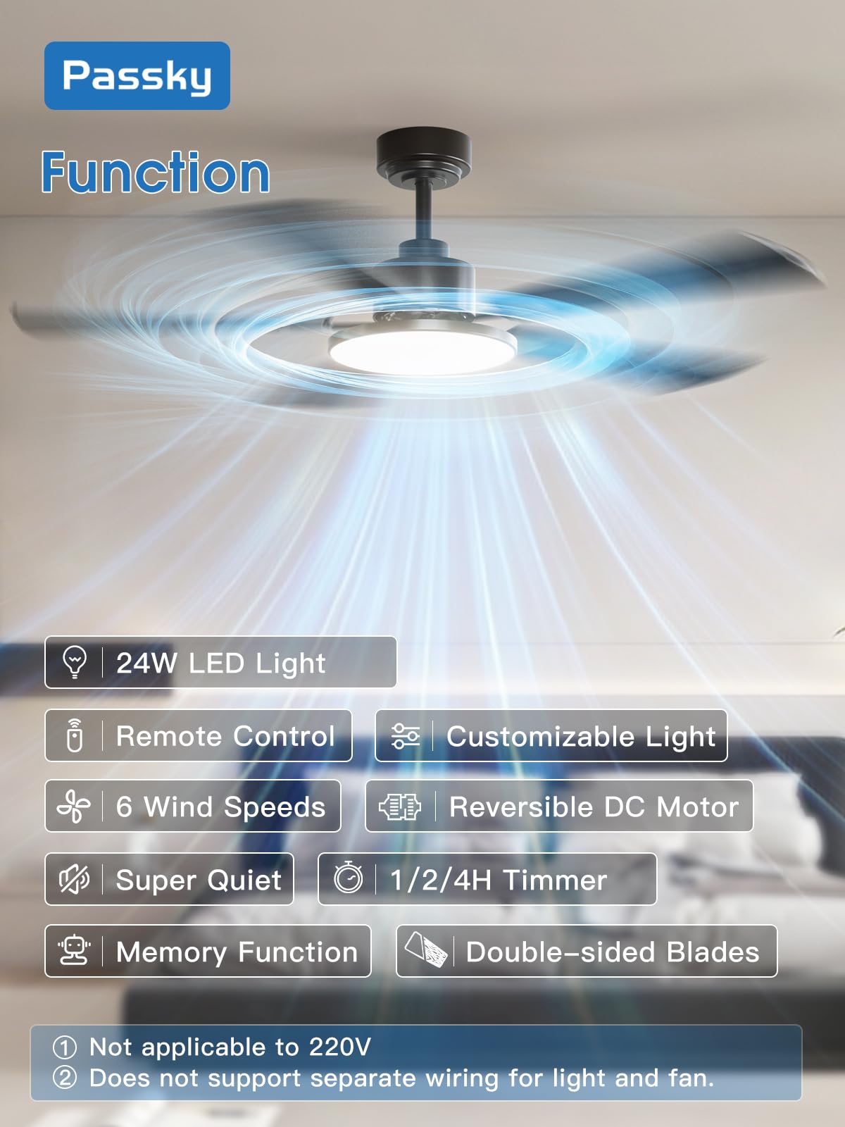 Ceiling Fans with Lights, 52 inch Sleek Ceiling Fan with Light and Remote Control, 3CCT, Dimmable, Reversible, Noiseless, Black Ceiling Fan for Bedroom, Living Room