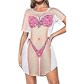 elescat Women's Beach Cover Up Bikini Printed Short Sleeve Tshirt Dress Baggy Cute Coverups