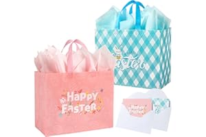 STYPOP 13" Large Easter Gift Bags with Tissue Paper,2 Pack Easter Bags with Handles for Kids - Perfect for Egg Hunts, Gifts & Treats (Pink, Blue)