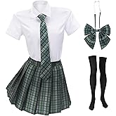 PROCOS Women Japanese Uniform Outfit US Size Costume with Plaid Bow Tie Socks 5 PCS