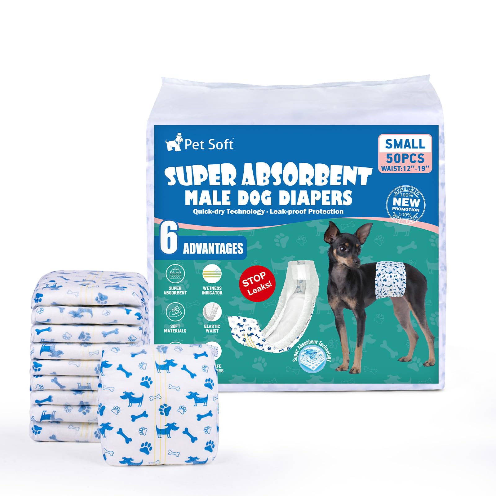 Pet Soft Dog Nappies Male - 50 Counts Disposable Dog Wraps with Wetness Indicator, Super Absorbent Male Dog Diapers for Incontinence (S-50 Count)