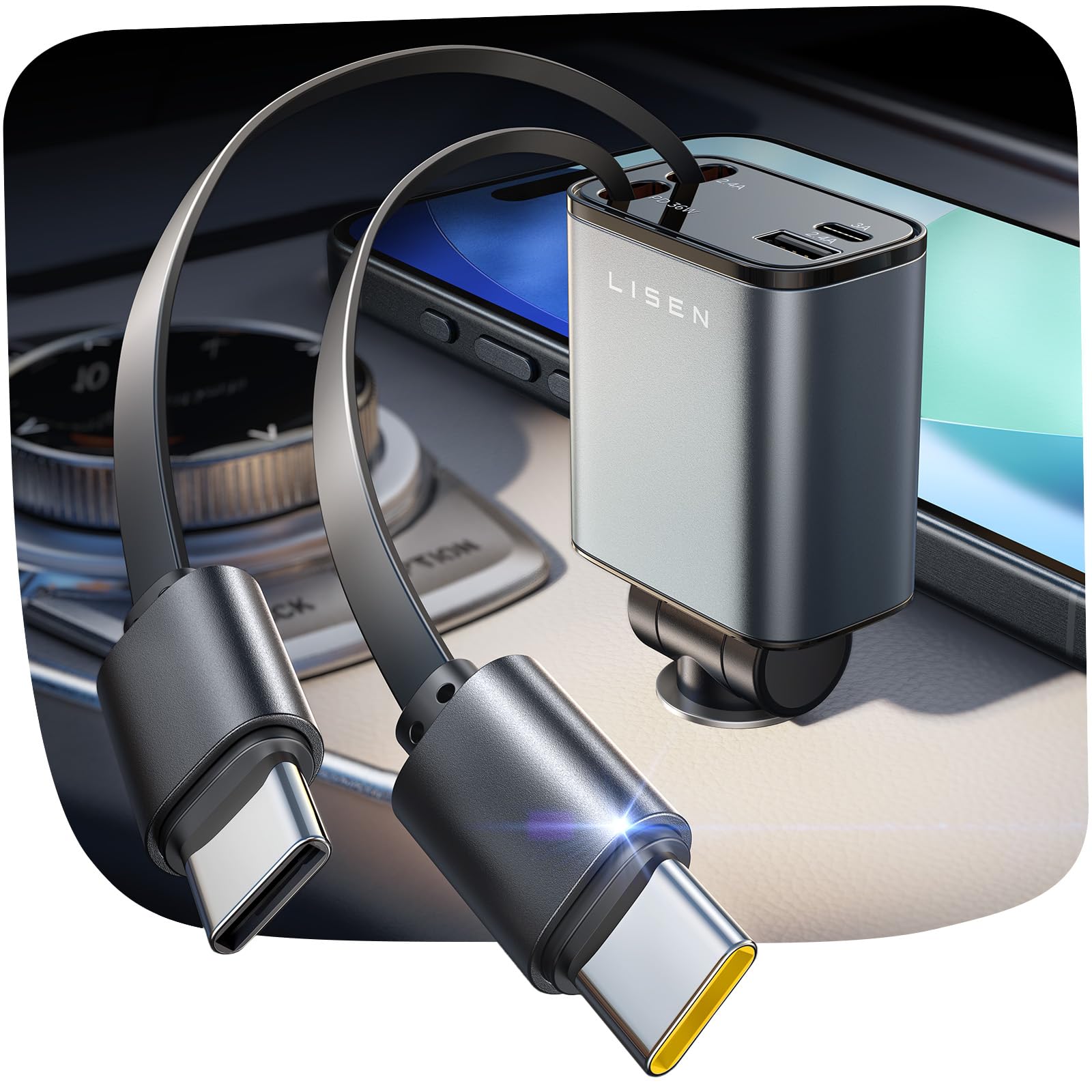 Photo 1 of LISEN for iPhone 16 Car Charger Fast Charging 69W Retractable Car Charger with Dual Type C Cables USB C Car Charger Adapter for 17 iPhone 15 Pro Max, Samsung Galaxy S25, iPad Air, Google Pixel 10 Pro